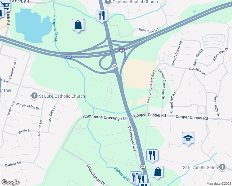 map of restaurants, bars, coffee shops, grocery stores, and more near 9901 Cooper Church Drive in Louisville