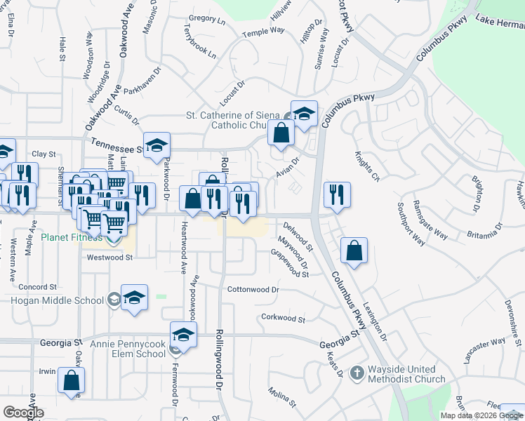 map of restaurants, bars, coffee shops, grocery stores, and more near 201 Avian Drive in Vallejo