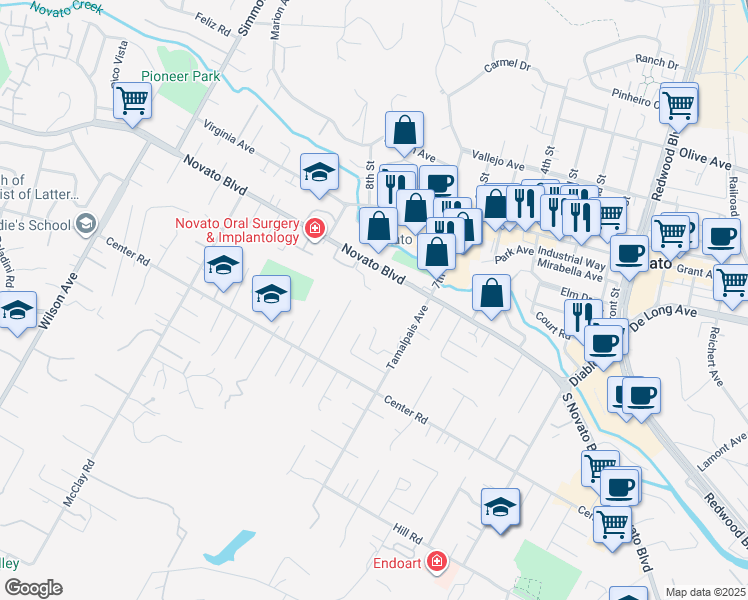 map of restaurants, bars, coffee shops, grocery stores, and more near 1721 Novato Boulevard in Novato