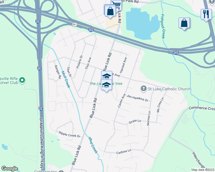 map of restaurants, bars, coffee shops, grocery stores, and more near 9801 Blue Lick Road in Louisville