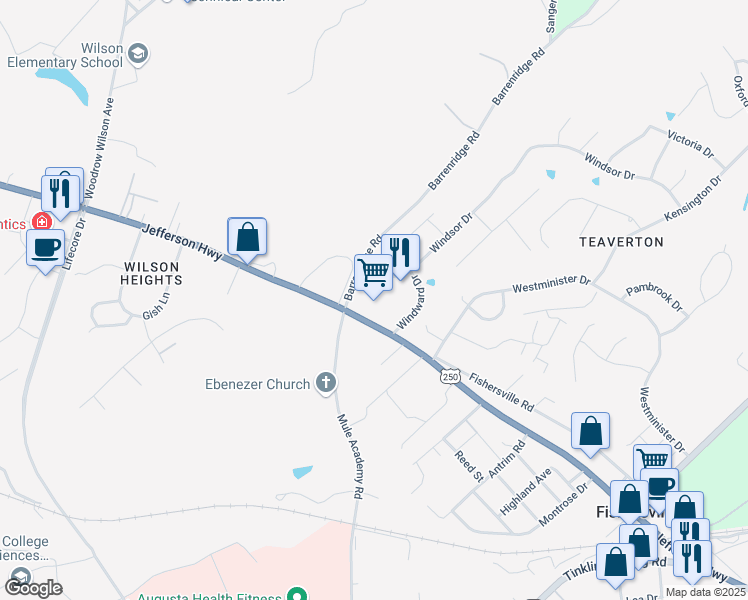 map of restaurants, bars, coffee shops, grocery stores, and more near 30 Windward Drive in Fishersville