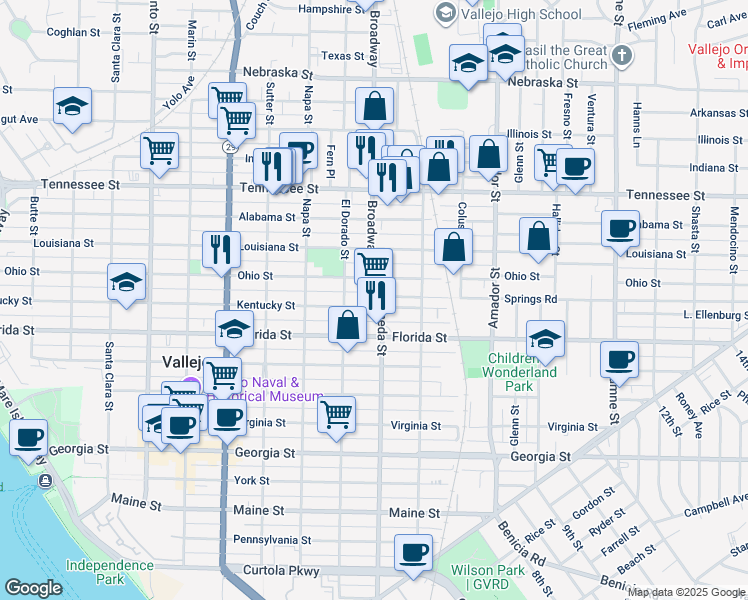 map of restaurants, bars, coffee shops, grocery stores, and more near 10 Broadway in Vallejo