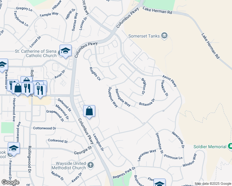map of restaurants, bars, coffee shops, grocery stores, and more near 107 Ramsgate Way in Vallejo