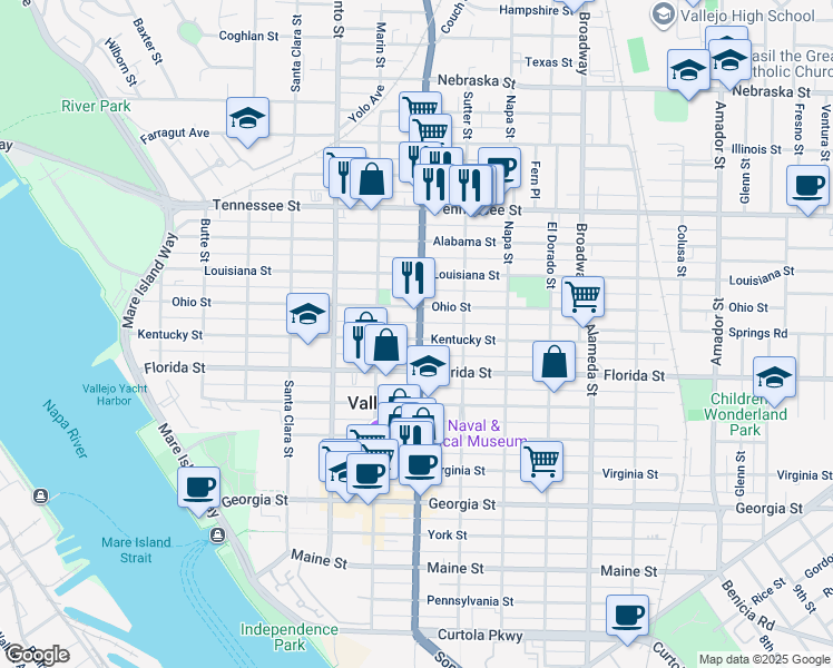 map of restaurants, bars, coffee shops, grocery stores, and more near 2116 Sonoma Boulevard in Vallejo