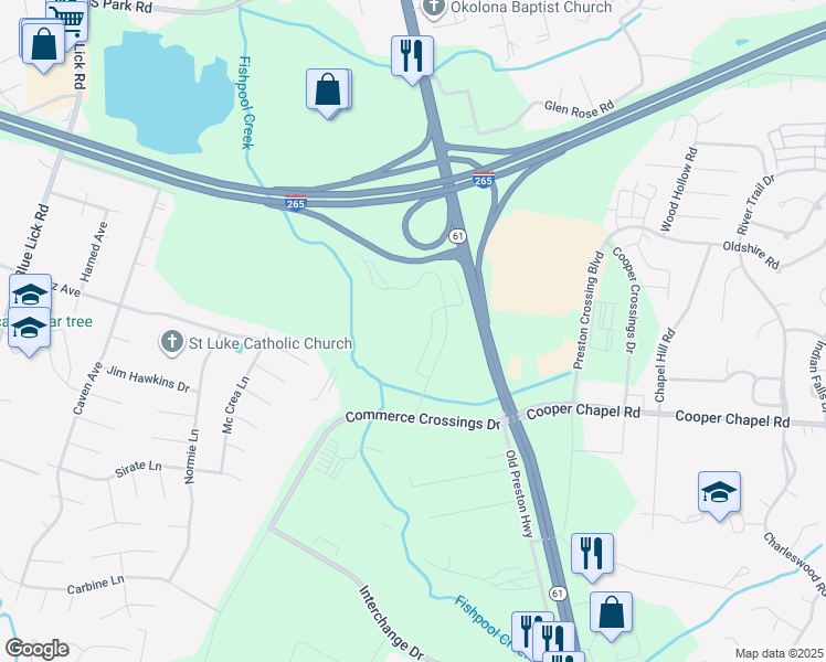map of restaurants, bars, coffee shops, grocery stores, and more near 9707 Cooper Church Drive in Louisville