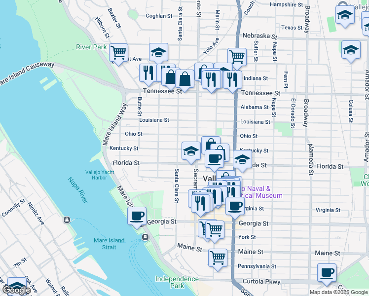 map of restaurants, bars, coffee shops, grocery stores, and more near 412 Kentucky Street in Vallejo