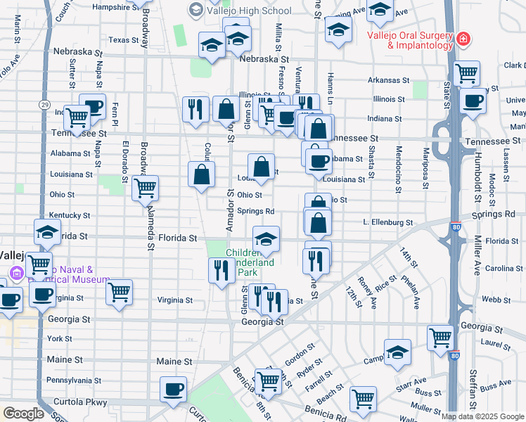 map of restaurants, bars, coffee shops, grocery stores, and more near Springs Road in Vallejo