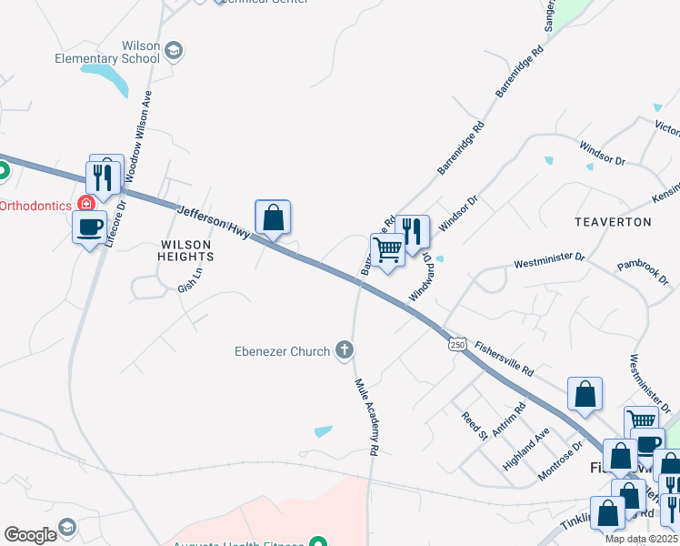 map of restaurants, bars, coffee shops, grocery stores, and more near Jefferson Highway in Fishersville