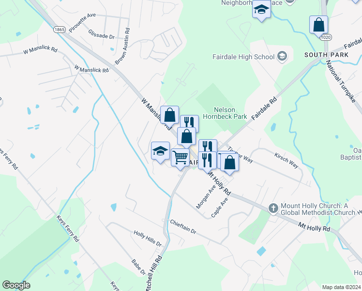 map of restaurants, bars, coffee shops, grocery stores, and more near 10620 West Manslick Road in Louisville