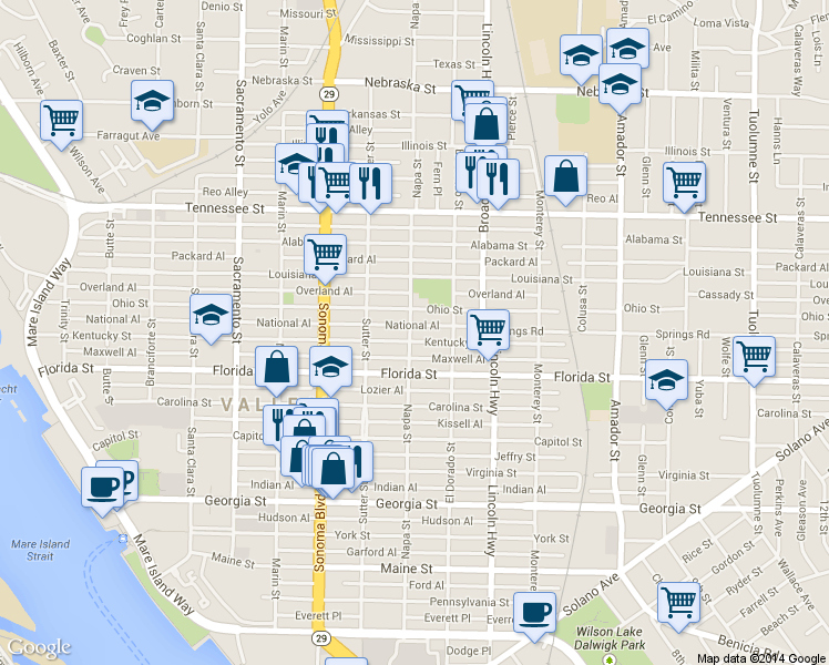 map of restaurants, bars, coffee shops, grocery stores, and more near 902 Kentucky Street in Vallejo