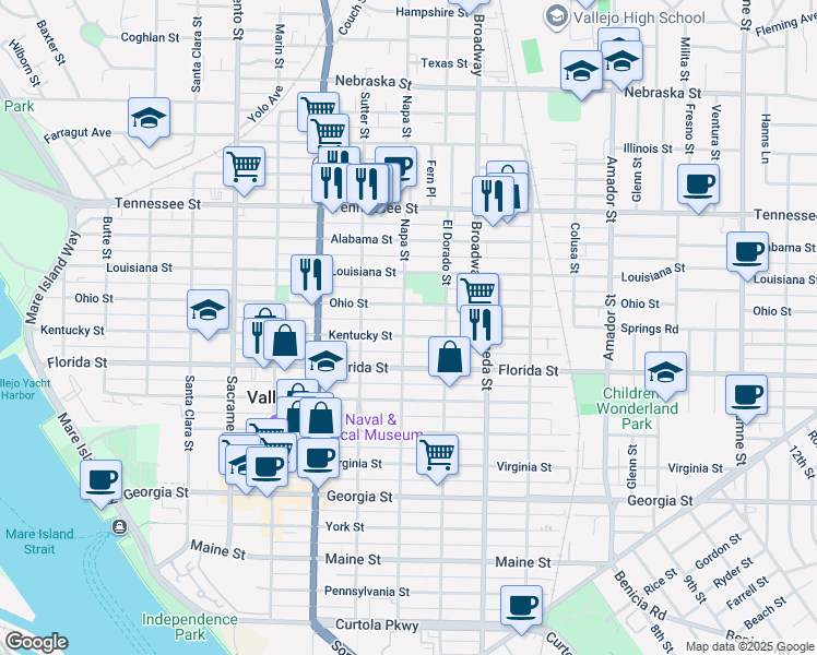 map of restaurants, bars, coffee shops, grocery stores, and more near 902 Kentucky Street in Vallejo