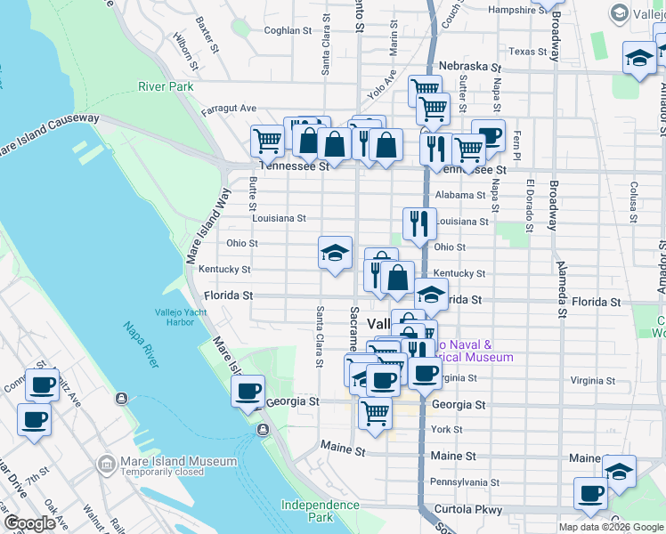 map of restaurants, bars, coffee shops, grocery stores, and more near 414 Kentucky Street in Vallejo
