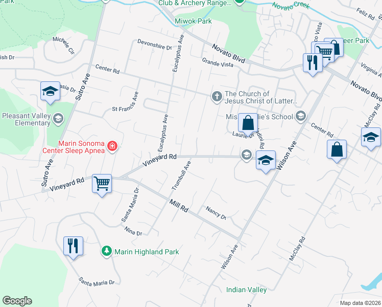map of restaurants, bars, coffee shops, grocery stores, and more near 2119 Vineyard Road in Novato