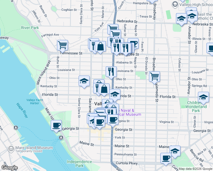 map of restaurants, bars, coffee shops, grocery stores, and more near 620 Kentucky Street in Vallejo