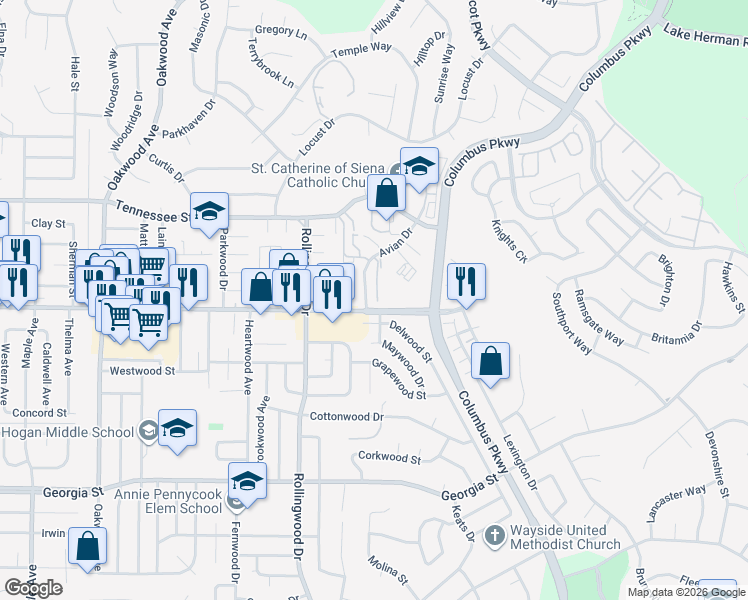 map of restaurants, bars, coffee shops, grocery stores, and more near 102 Avian Drive in Vallejo