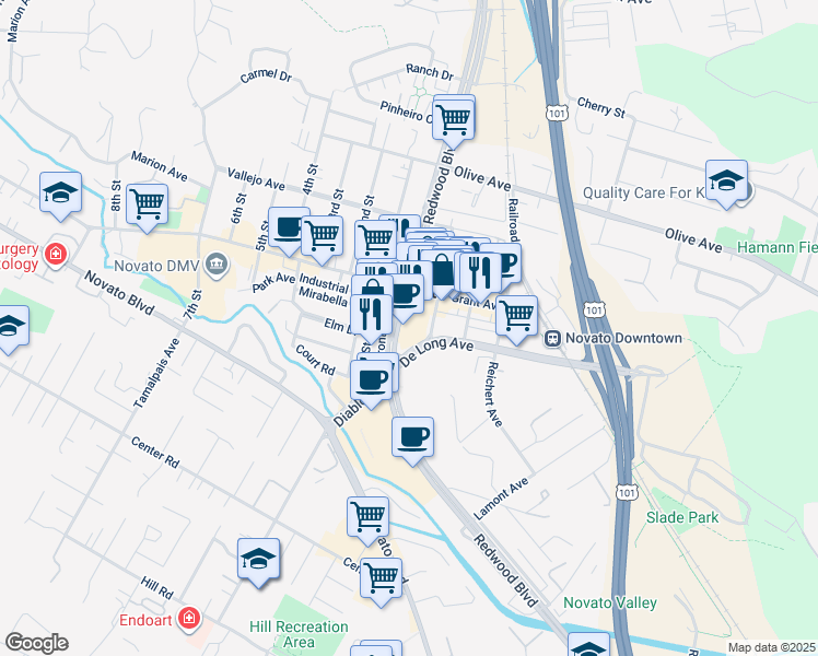 map of restaurants, bars, coffee shops, grocery stores, and more near 7320 Redwood Boulevard in Novato