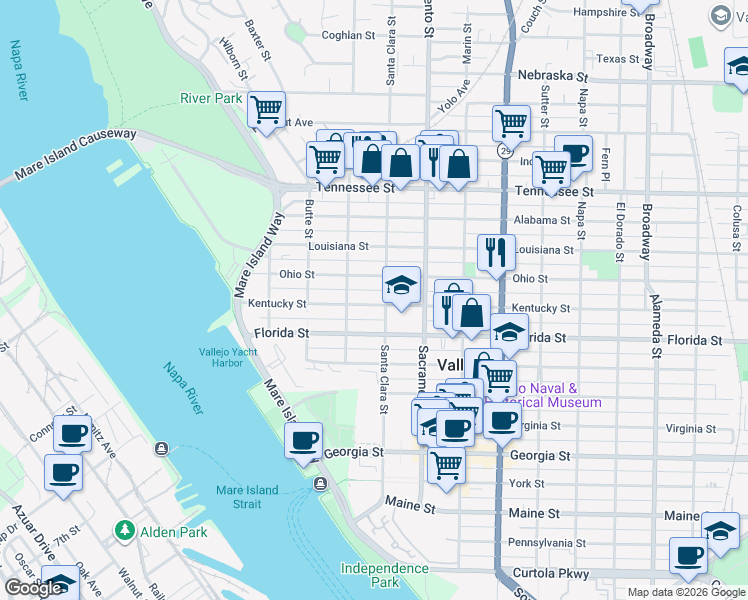 map of restaurants, bars, coffee shops, grocery stores, and more near 334 Kentucky Street in Vallejo