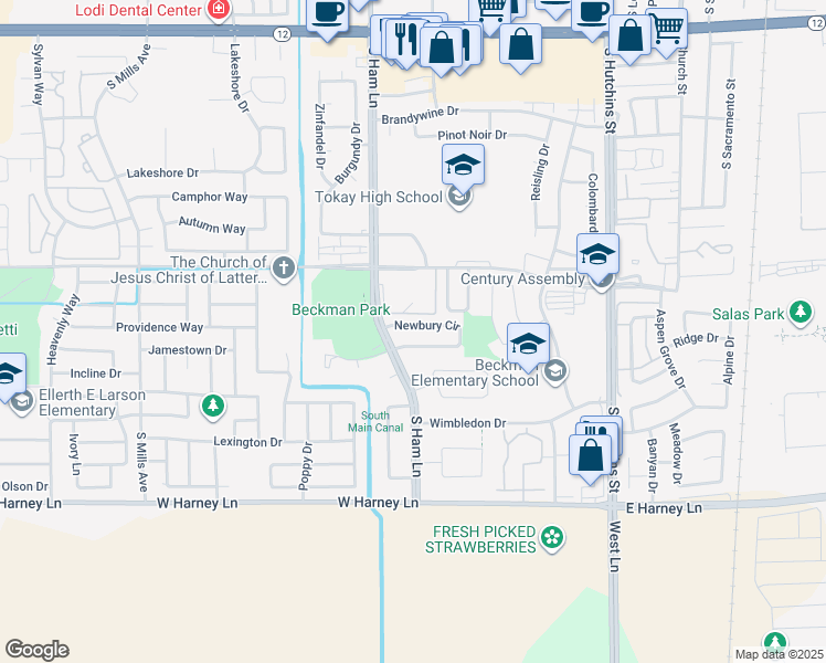 map of restaurants, bars, coffee shops, grocery stores, and more near 2257 Newbury Circle in Lodi
