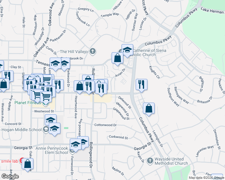 map of restaurants, bars, coffee shops, grocery stores, and more near 201 Avian Drive in Vallejo