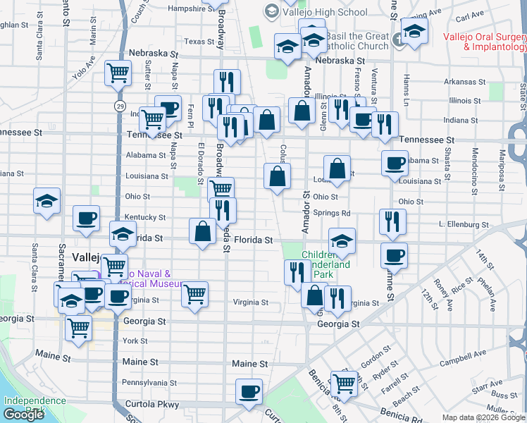 map of restaurants, bars, coffee shops, grocery stores, and more near 1236 Kentucky Street in Vallejo