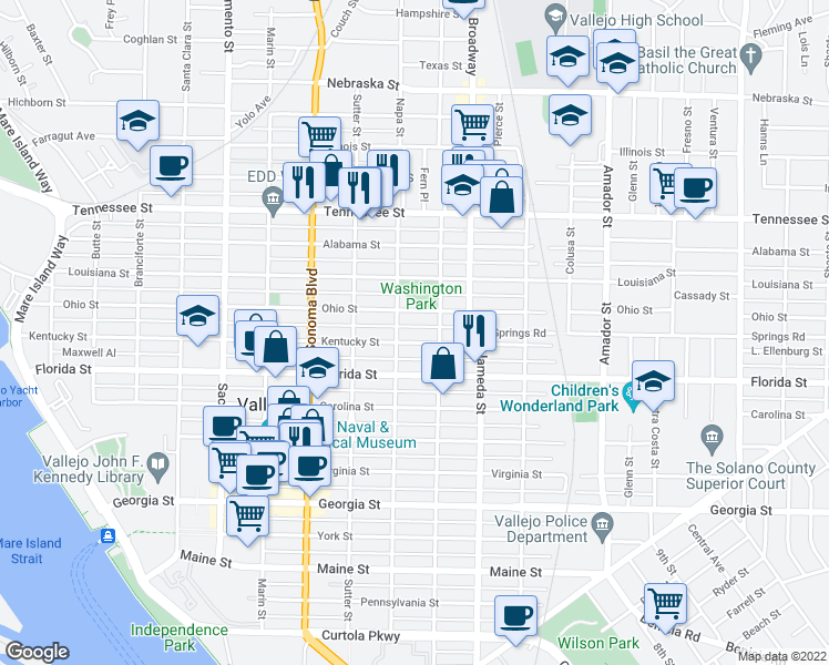 map of restaurants, bars, coffee shops, grocery stores, and more near 1129 Napa Street in Vallejo