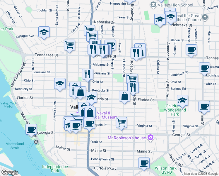 map of restaurants, bars, coffee shops, grocery stores, and more near 1129 Napa Street in Vallejo