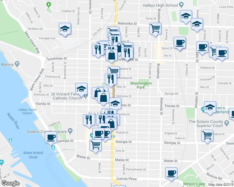 map of restaurants, bars, coffee shops, grocery stores, and more near 2116 Sonoma Boulevard in Vallejo