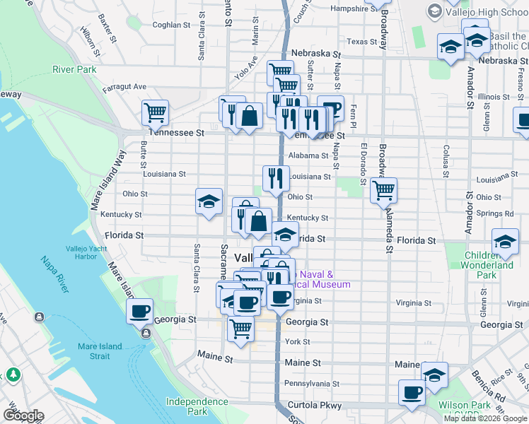 map of restaurants, bars, coffee shops, grocery stores, and more near in Vallejo