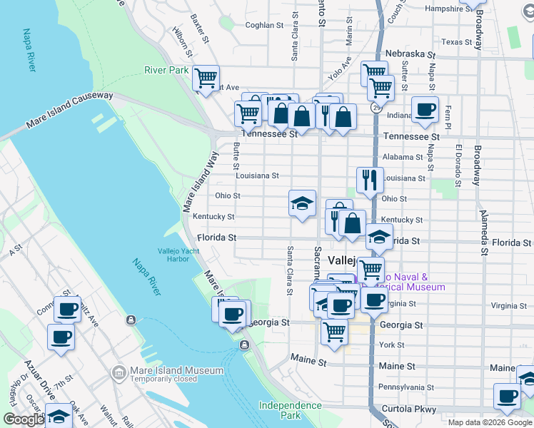 map of restaurants, bars, coffee shops, grocery stores, and more near 241 Kentucky Street in Vallejo