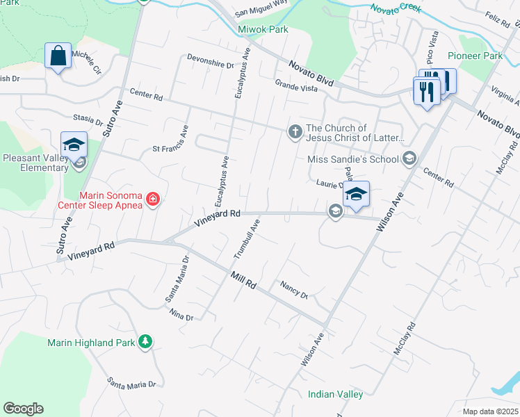 map of restaurants, bars, coffee shops, grocery stores, and more near 2119 Vineyard Road in Novato