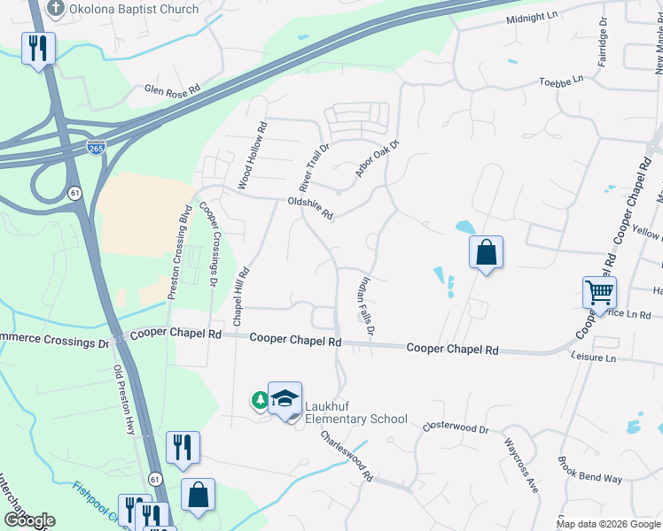 map of restaurants, bars, coffee shops, grocery stores, and more near 5310 Big Sky Drive in Louisville