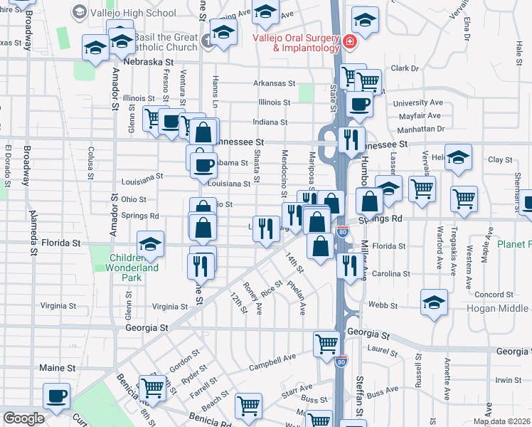 map of restaurants, bars, coffee shops, grocery stores, and more near 712 Springs Road in Vallejo
