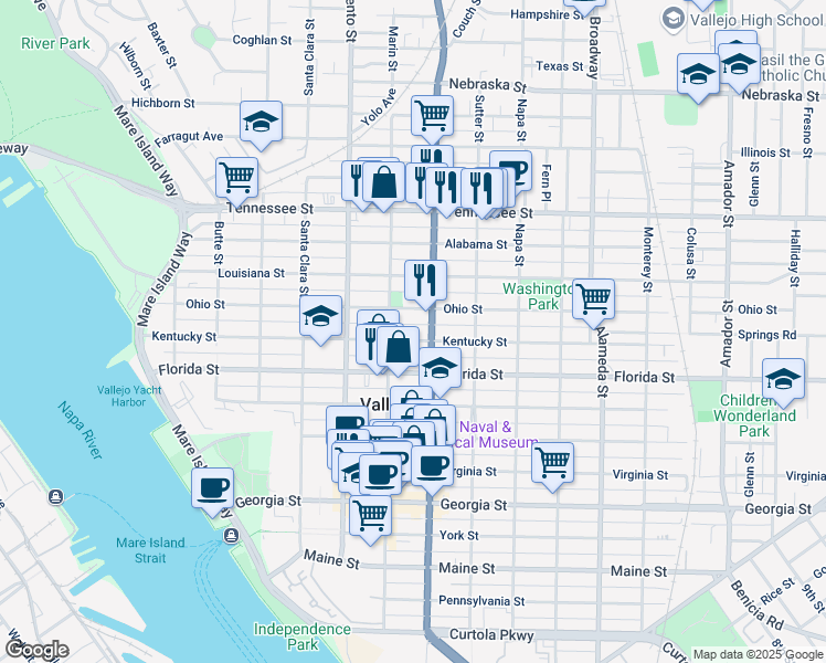 map of restaurants, bars, coffee shops, grocery stores, and more near 622 Kentucky Street in Vallejo