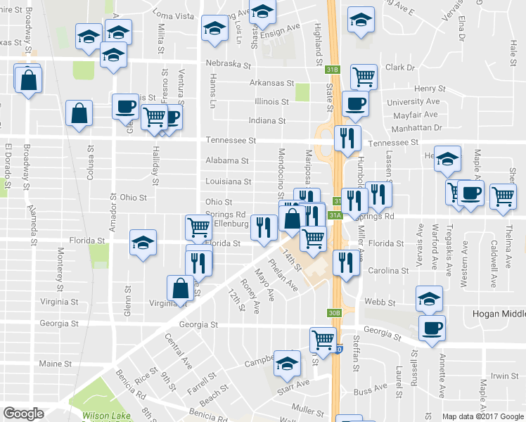 map of restaurants, bars, coffee shops, grocery stores, and more near 712 Springs Road in Vallejo
