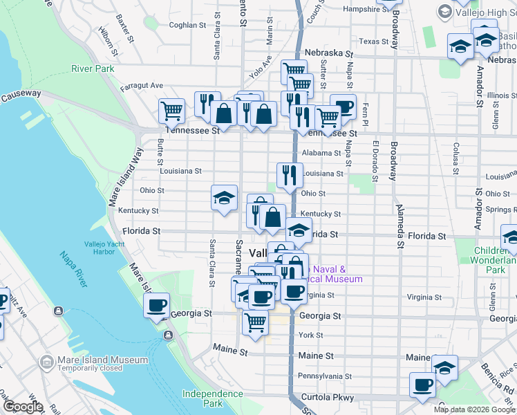 map of restaurants, bars, coffee shops, grocery stores, and more near 519 Kentucky Street in Vallejo