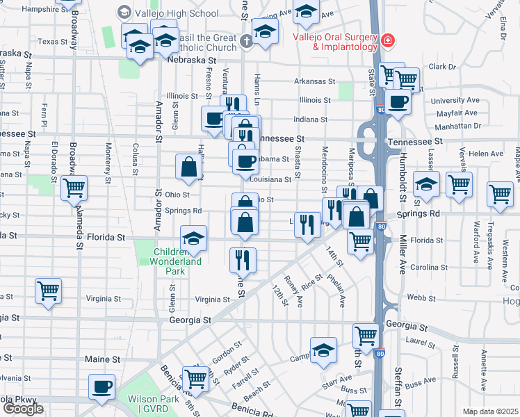 map of restaurants, bars, coffee shops, grocery stores, and more near 534 Springs Road in Vallejo