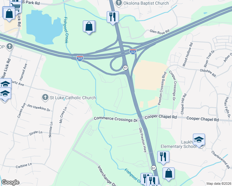 map of restaurants, bars, coffee shops, grocery stores, and more near 9901 Cooper Church Drive in Louisville