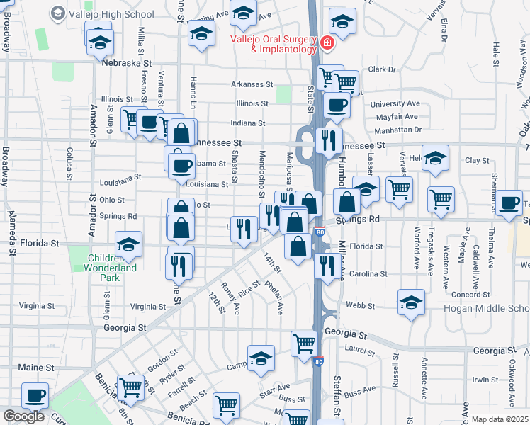 map of restaurants, bars, coffee shops, grocery stores, and more near 1901 Ohio Street in Vallejo