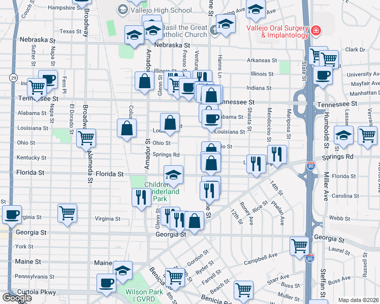 map of restaurants, bars, coffee shops, grocery stores, and more near 449 Springs Road in Vallejo