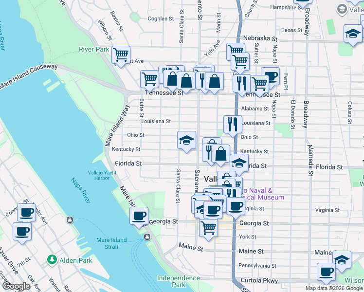 map of restaurants, bars, coffee shops, grocery stores, and more near 411 Kentucky Street in Vallejo