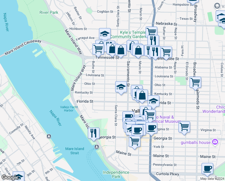 map of restaurants, bars, coffee shops, grocery stores, and more near 329 Kentucky Street in Vallejo