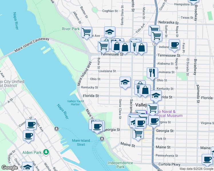 map of restaurants, bars, coffee shops, grocery stores, and more near 241 Kentucky Street in Vallejo