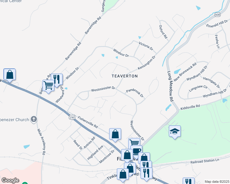 map of restaurants, bars, coffee shops, grocery stores, and more near 205 Westminister Drive in Fishersville