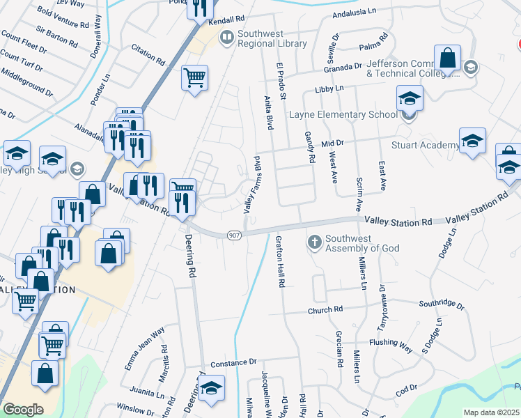 map of restaurants, bars, coffee shops, grocery stores, and more near 10201 Valley Farms Boulevard in Louisville