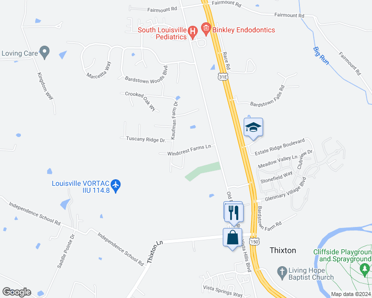 map of restaurants, bars, coffee shops, grocery stores, and more near 11203 Kaufman Farm Drive in Louisville