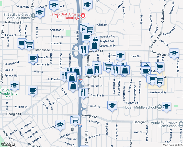 map of restaurants, bars, coffee shops, grocery stores, and more near 1237 Springs Road in Vallejo