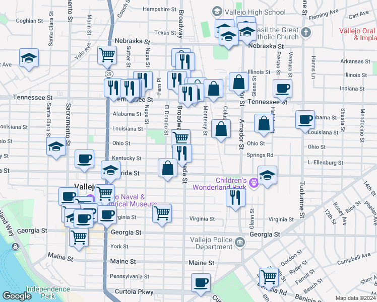 map of restaurants, bars, coffee shops, grocery stores, and more near 10 Broadway in Vallejo