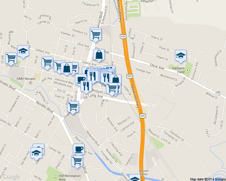 map of restaurants, bars, coffee shops, grocery stores, and more near 901 Reichert Avenue in Novato