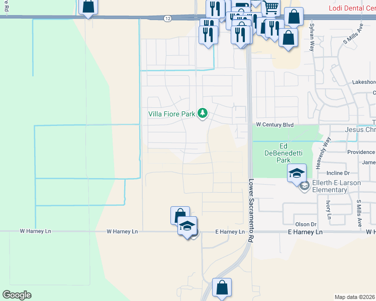 map of restaurants, bars, coffee shops, grocery stores, and more near 2125 South Lower Sacramento Road in Lodi