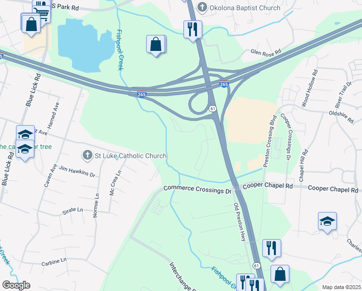 map of restaurants, bars, coffee shops, grocery stores, and more near 9707 Cooper Church Drive in Louisville